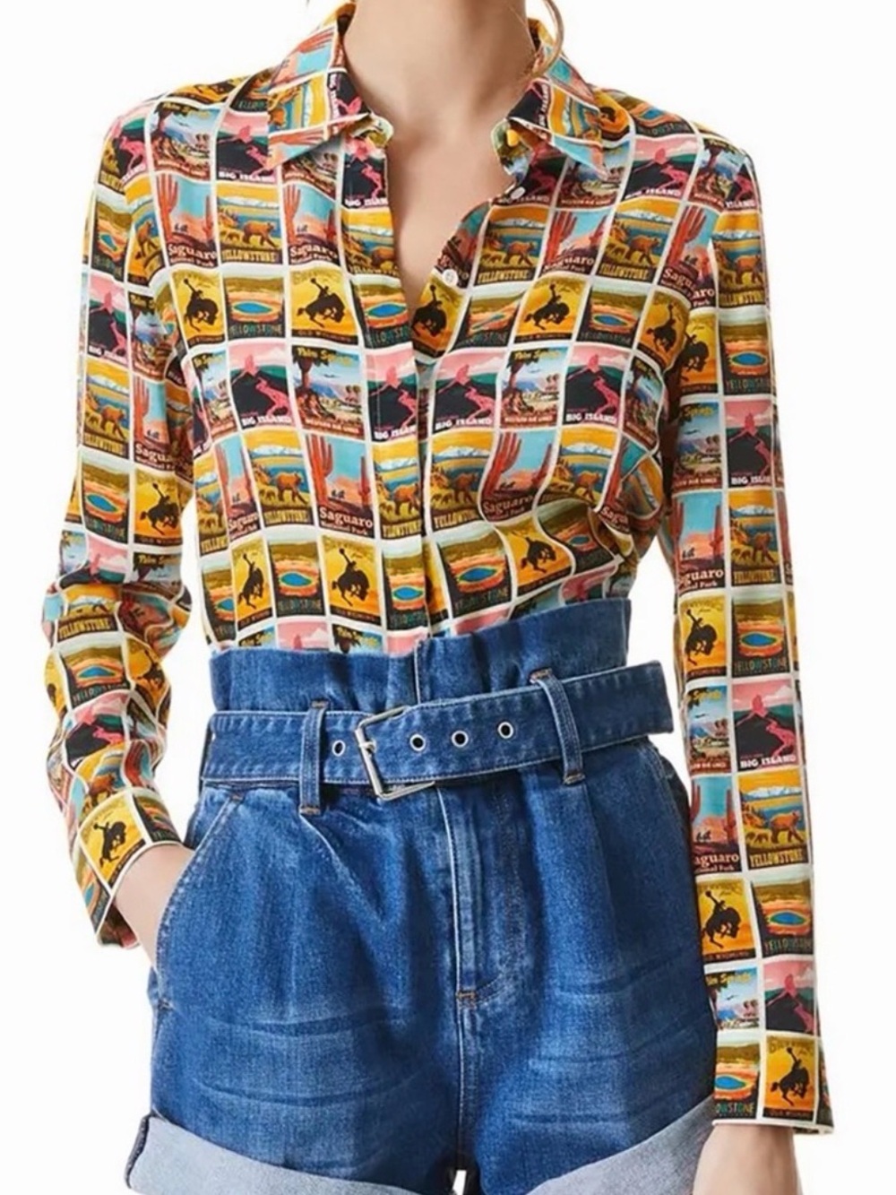 Alice + Olivia Multicolor National Park Postcard Print Blouse